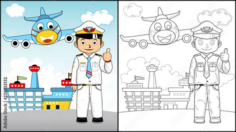 Vector Illustration Of Coloring Book Or Page With Pilot Cartoon Stock