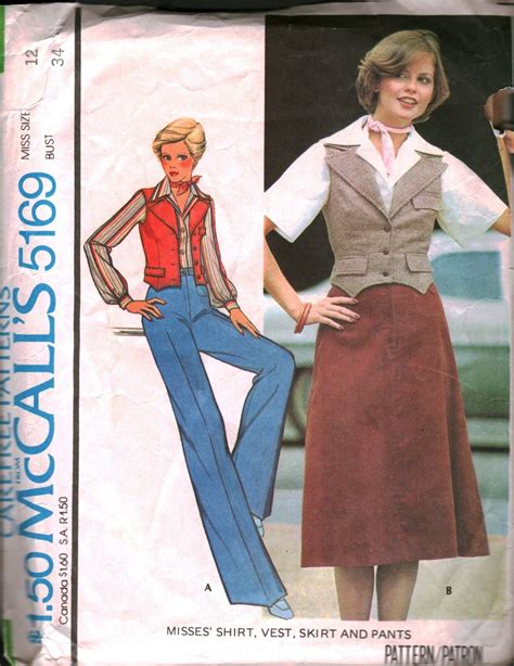 5169 Vintage McCalls SEWING Pattern Misses Shirt Vest Skirt Pants 1970s