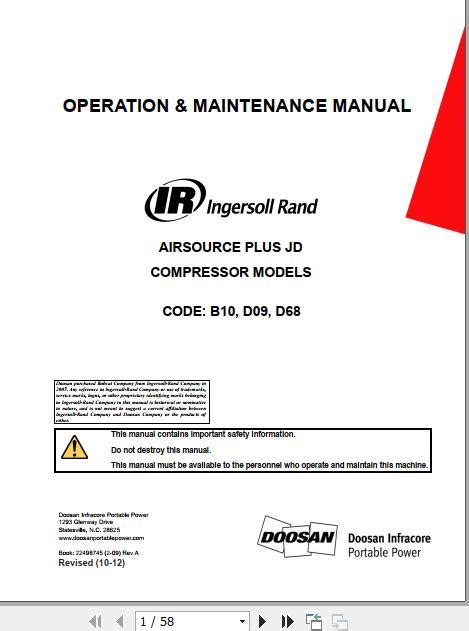 Ingersoll Rand Portable Compressor AIRSOURCE Operation And Maintenance