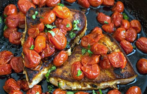 One Pan Sicilian Swordfish With Spicy Olive Oil Poached Tomatoes