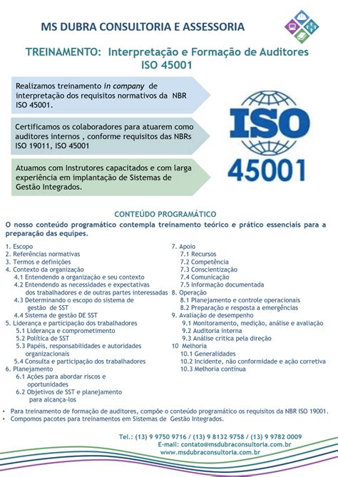 Treinamento Interpretação E Formação De Auditores Iso 45001 Ms Dubra Consultoria E Assessoria