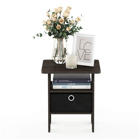 Furinno End Table Bedroom Night Stand W Bin Drawer Dark Brown Black