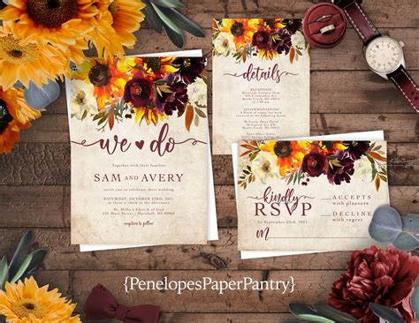 Rustic Sunflower Fall Wedding Invitationsunflowersburgundy Etsy