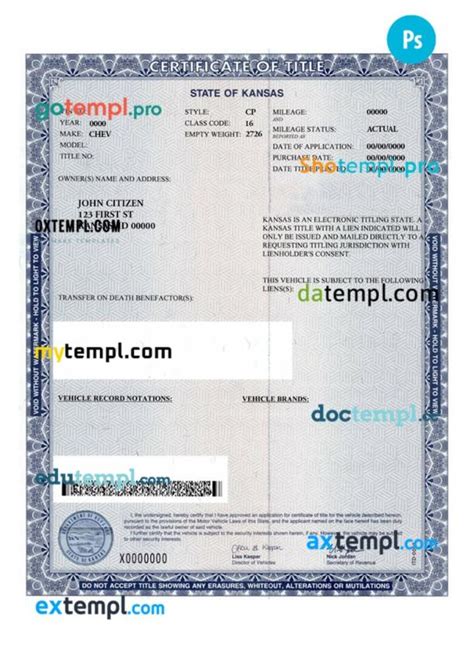 Kansas Certificate Of Title Of A Vehicle Car Title Template In Psd