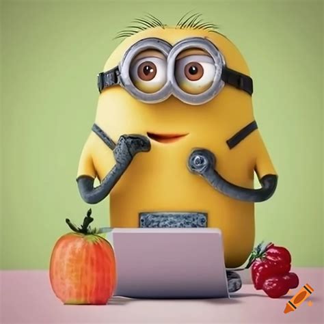 Cute Minion Eating Fruit Working Computer