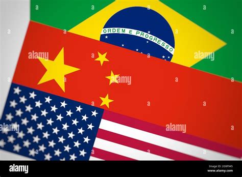 3d rendering of flags of the US, China, and Brazil together Stock Photo ...