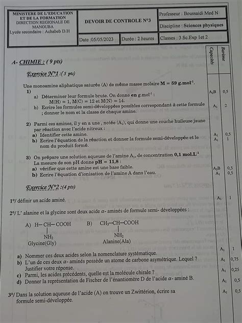 3 ème Sc expérimentales Physique Devoir de contrôle 3 3 ème Sciences