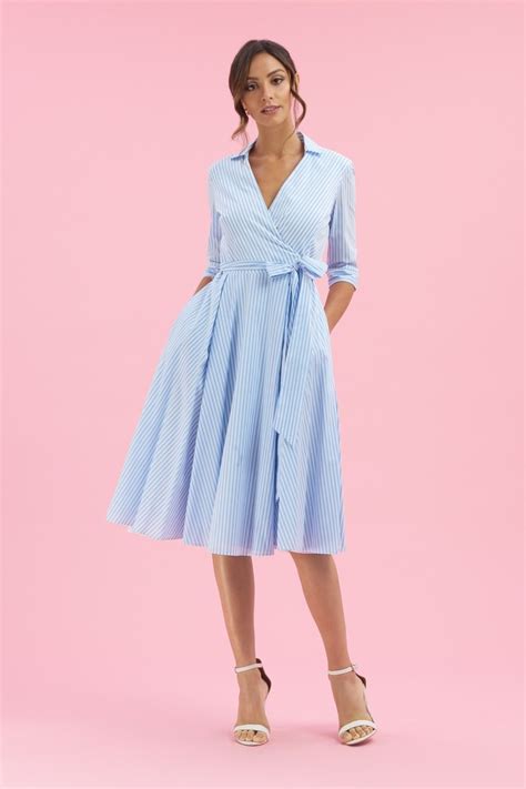 Taylor Blue And White Stripe 1950s Wrap Dress Dress Wrap Dress The