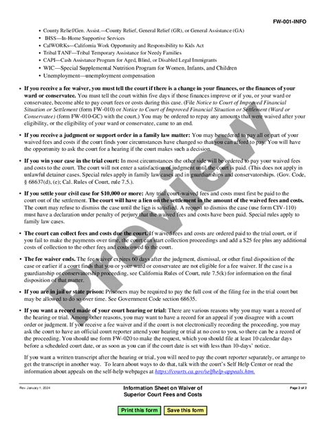 California Information Sheet On Waiver Of Court Fees And Costs