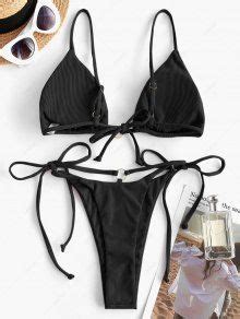 ZAFUL Ribbed O Ring Plunge Bikini Swimwear In BLACK ZAFUL 2026