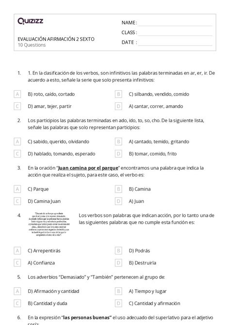 Infinitivos Hojas De Trabajo Para Grado En Quizizz Gratis E