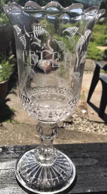 Antique Victorian Glass Celery Vase Hand Etched Floral Foliage Fluted