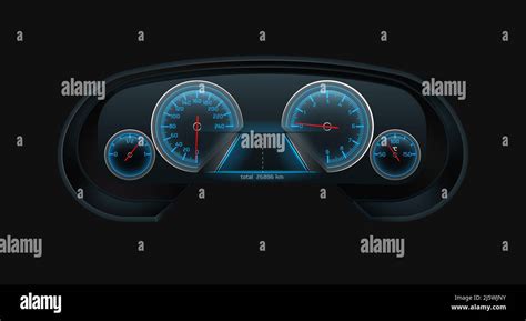 Car Digital Dashboard Screen With Glowing Blue Speedometer Tachometer