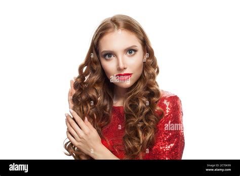 Perfect Redhead Woman With Ginger Curly Hairstyle And Red Lips Makeup