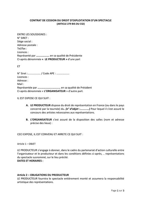 Contrat De Cession De Droits D Exploitation D Un Spectacle