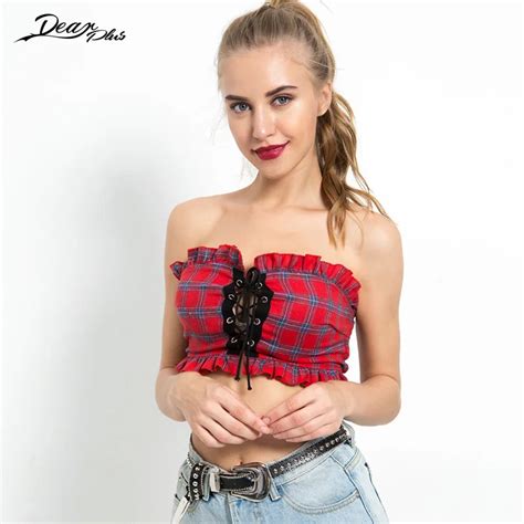 Women Fashion Strapless Plaid Ruched Tank Tops Sexy Strapless Lace Up