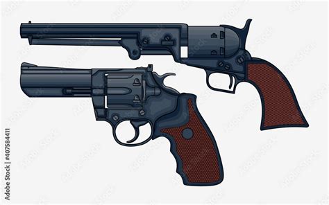 Two revolver pistols vector isolated illustration. Drawing of vintage ...