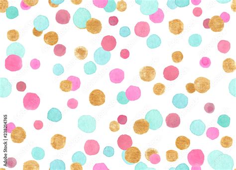 Seamless Pattern With Colorful Pink Blue And Gold Confetti Polka Dots Painted In Watercolor On