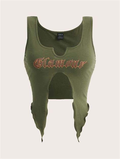 Army Green Casual Collar Knitted Fabric Letter Tank Embellished Slight