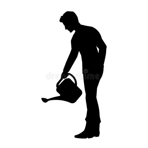 Silhouette Of A Man With A Watering Can Takes Care Of The Garden Stock