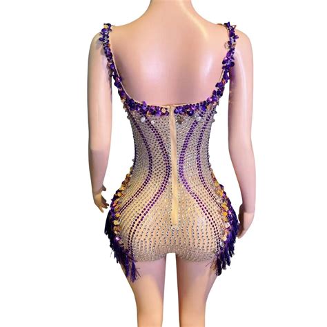 Sparkly Rhinestones Sequins Tassel Bodysuit Women Sexy Performance Da