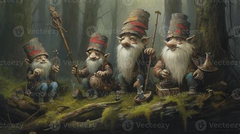 There Are Four Gnomes Sitting On A Log In The Woods Generative Ai