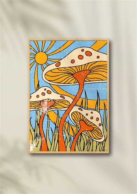 Mushroom Decor Mushroom Art 70s Wall Art Groovy Poster Etsy