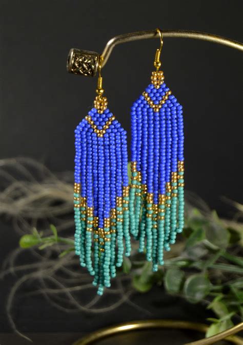 Turquoise Long Beaded Earrings Seed Bead Earrings Etsy