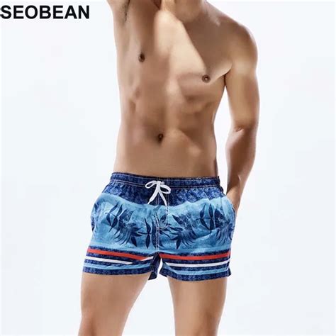 Seobean Striped Printed Men Swimwear Beach Shorts Sexy Sunga Masculina