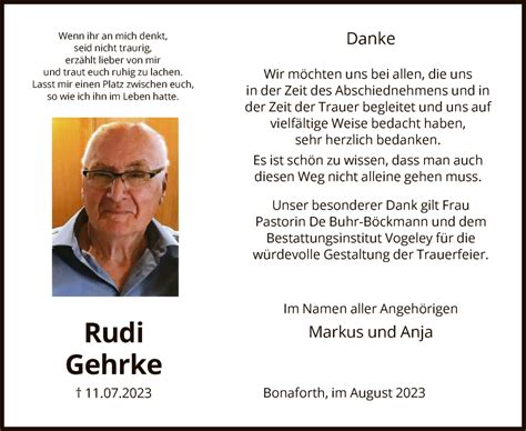 Traueranzeigen Von Rudi Gehrke Trauer HNA De