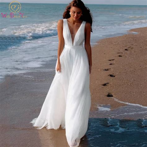 Beach Wedding Dresses White Ivory 2023 Long Boho Simple Pleats Deep V Neck Elegant Illusion