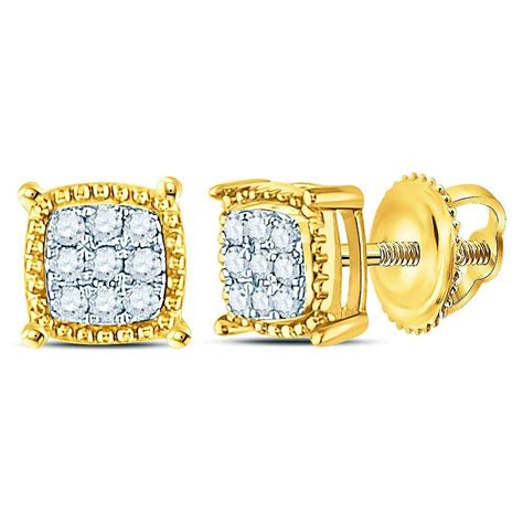 10kt Yellow Gold Mens Round Diamond Square Milgrain Cluster Earrings 1