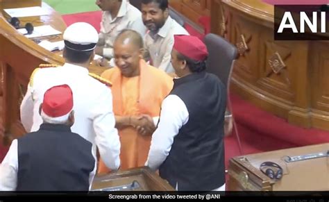 Watch For Yogi Adityanath Akhilesh Yadav Smiles Handshake In Assembly