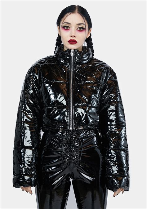 Vinyl Zip Up Puffer Jacket Black Dolls Kill