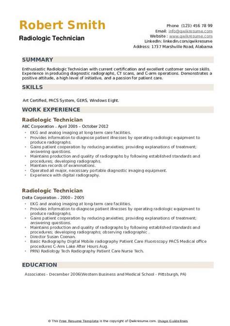 Radiologic Technician Resume Samples | QwikResume