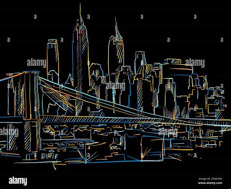 Manhattan coloré et le pont de Brooklyn dessin sur noir. Dessin ...