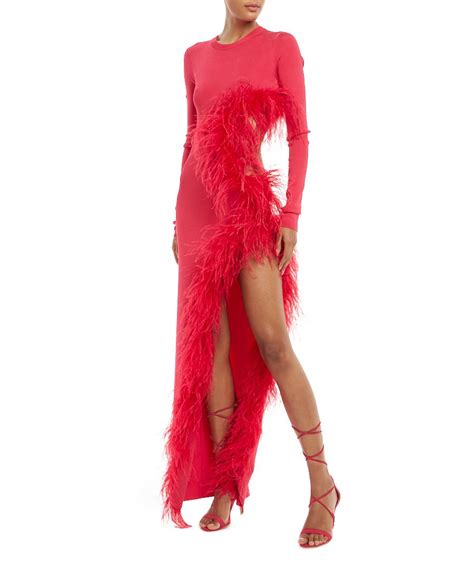 Shiny Viscose Cut Out Dress With Feathers Coveti