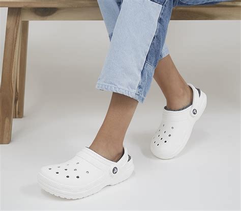 Crocs Classic Lined Clogs White Grey Flat Shoes For Women