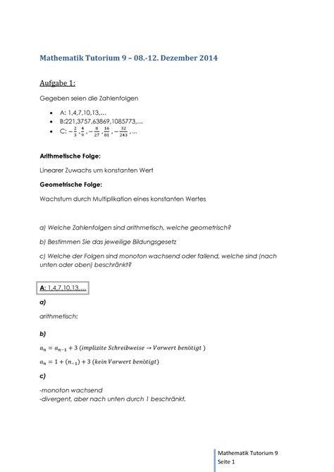 Tutorium 9 Lösungen Mathematik Tutorium 9 08 12 Dezember 2014