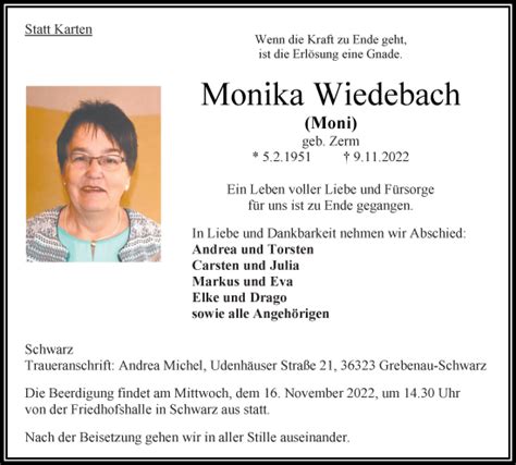 Traueranzeigen Von Monika Wiedebach Vrm Trauer De