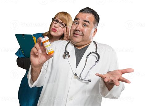 Goofy Doctor and Nurse with Prescription Bottle Isolated on a White ...