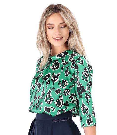 Natural Silk Blouse Printed With Floral Motifs Turquiose Green Yokko