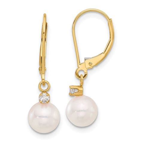 14k Yellow Gold 8mm Akoya Cultured Pearl Diamond Lever Back Earrings XF836E