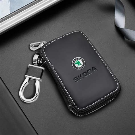 Car Key Case Leather Auto Logo Zipper Key Bag Wallet For Skoda Octavia