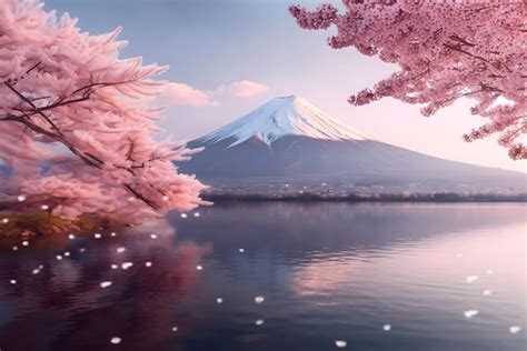 Premium Ai Image A Pink Cherry Blossom Tree Is Reflected In The Water