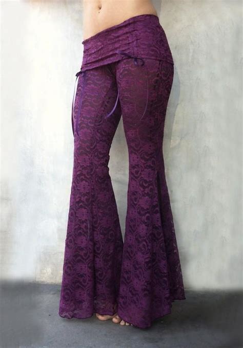 Purple Patchwork Lace Hollow Out Elastic Waist Fashion Flare Long Pants