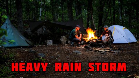 Heavy Rain Storm Camping With Tarp Shelter Outdoor Cooking Thunder