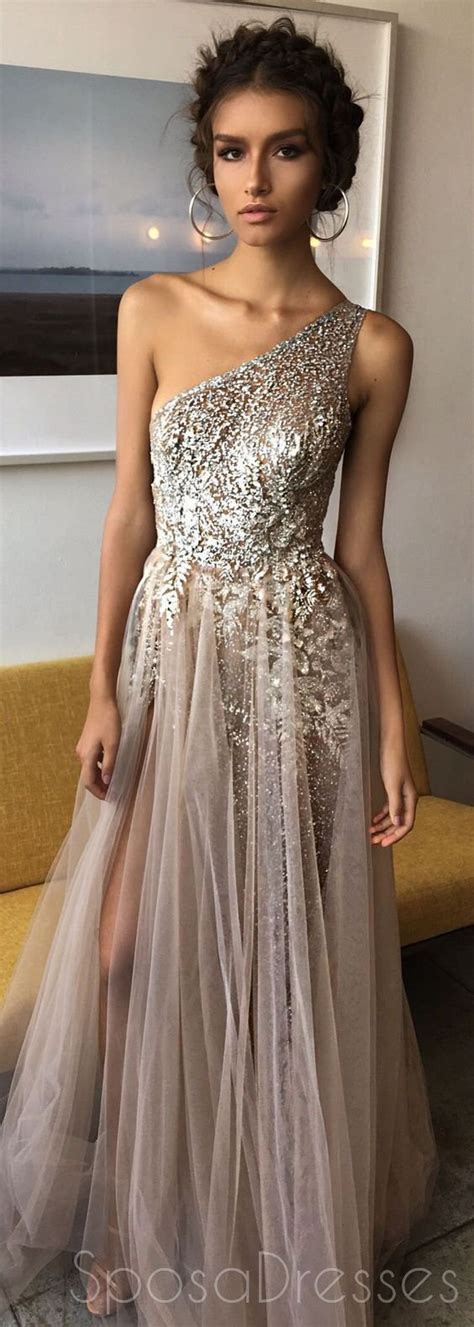 One Shoulder Sexy Side Slit Heavily Beaded Sparkly Long Evening Prom D