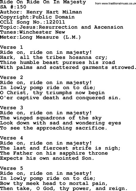 Salvation Army Hymnal Song: Ride On Ride On In Majesty, with Lyrics and PDF