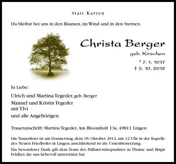 Traueranzeigen Von Christa Berger Noz Trauerportal